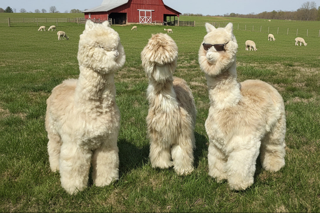 Three alpacas standing on a grassy field with a red barn in the background.