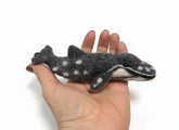 Hand holding a small humpback whale with a white background