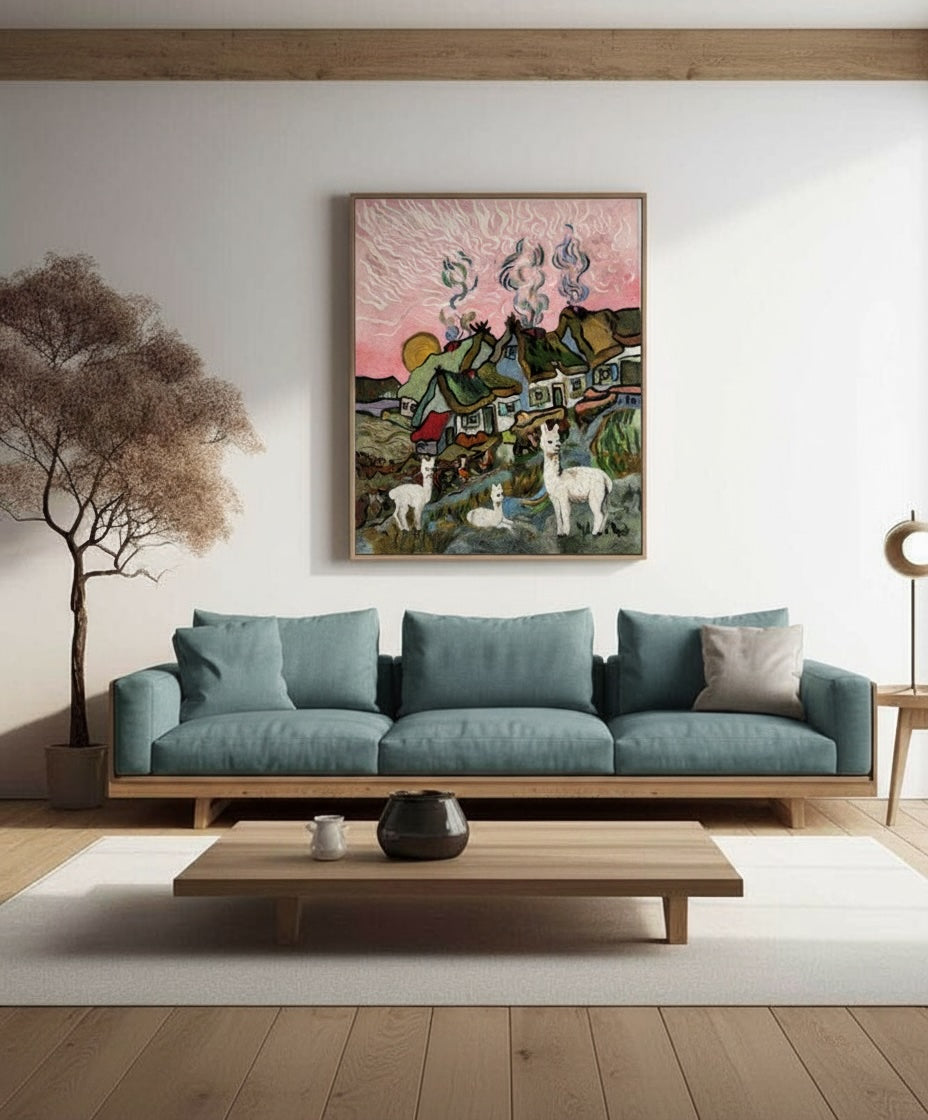 Framed needle-felted alpaca fiber portrait of a Chalet at Sunset hanging in an elegant minimalist living room