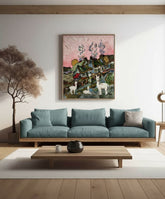 Framed needle-felted alpaca fiber portrait of a Chalet at Sunset hanging in an elegant minimalist living room