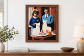 Framed needle-felted alpaca fiber portrait of a Breakfast Herd hanging in a rustic living room