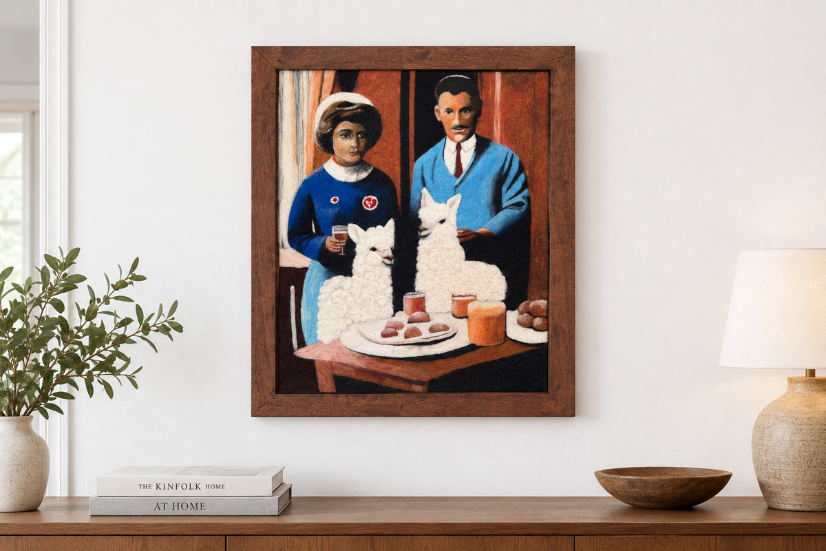 Framed needle-felted alpaca fiber portrait of a Breakfast Herd hanging in a rustic living room
