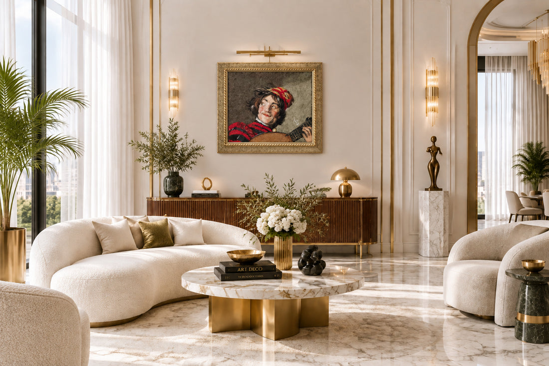 Framed artwork of a person playing a lute with a decorative frame.