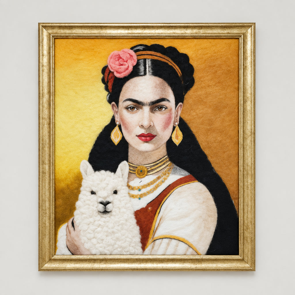 Framed artwork of a stylized portrait with Frida holding a white alpaca, set against a gold and brown gradient background.