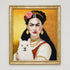 Framed artwork of a stylized portrait with Frida holding a white alpaca, set against a gold and brown gradient background.