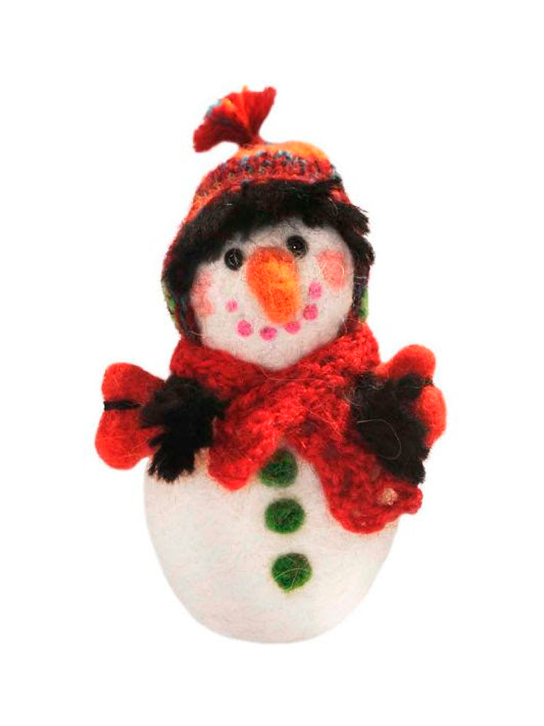 A needle-felted alpaca fiber snowman sculpture with a red hat and carrot nose, against a white background.
