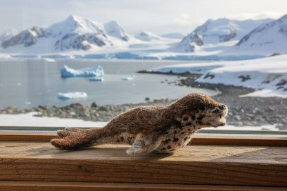 A felted alpaca sculpture of a leopard seal in a swimming pose with natural colors and markings.