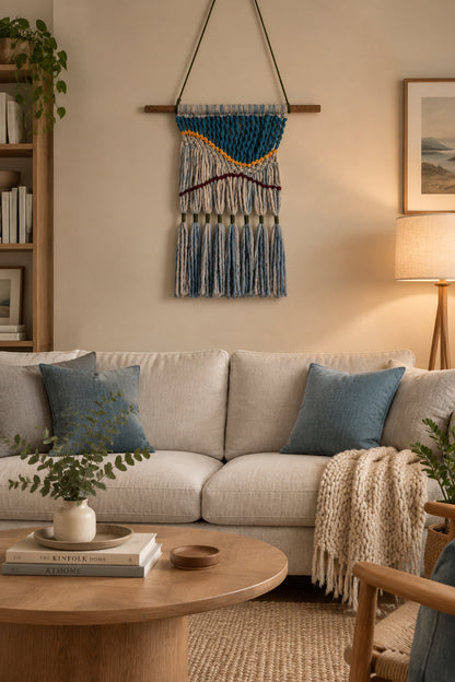 Macrame alpaca wall art in cozy home