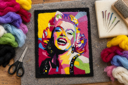 A framed pop-art style portrait print of Marilyn Monroe, featuring a vibrant multicolor design with a gold-toned frame, displayed on a white sheet of paper over a wood-grain surface.