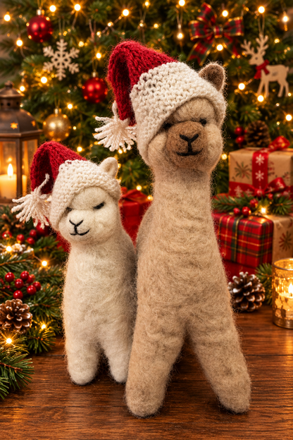 adorable xmas hats on a cria and a mama alpaca