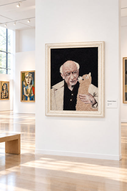 A framed portrait artwork leaning against a white wall on a wooden floor. The artwork shows a bald elderly man in a light coat holding a beige alpaca-like animal against a dark background.