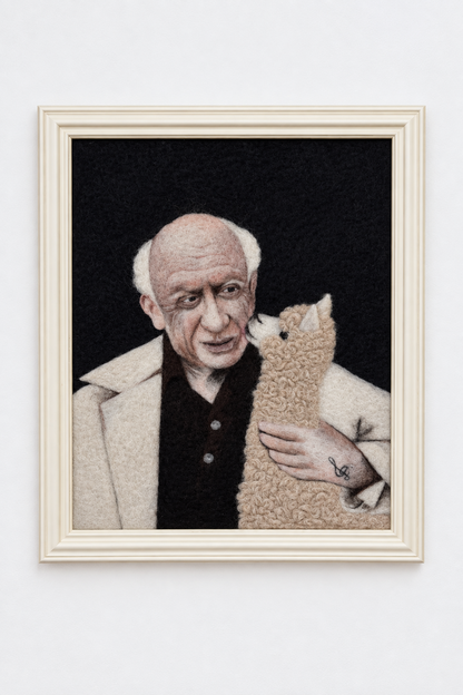 A framed portrait artwork leaning against a white wall on a wooden floor. The artwork shows a bald elderly man in a light coat holding a beige alpaca-like animal against a dark background.