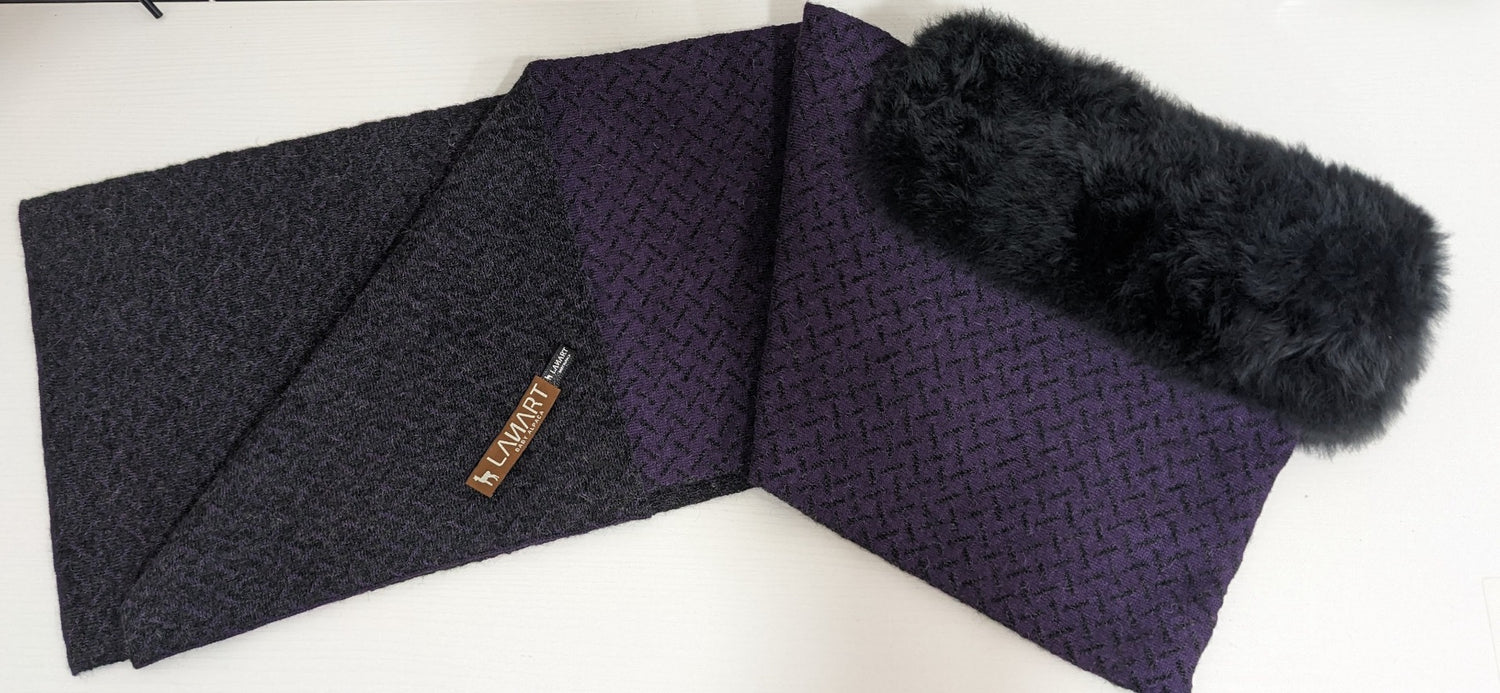 Glamour Jacquard Scarf: Baby Alpaca Fur - Purple / Charcoal