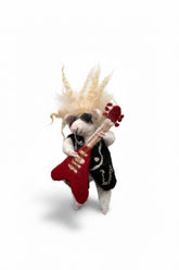 Stuffed mouse with spiky hair and guitar on a white background