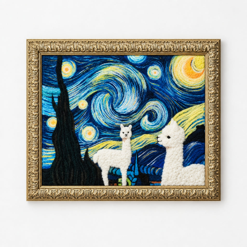 A framed wall art piece featuring two white alpacas set against a swirling blue and yellow night-sky style background, enclosed in an ornate gold frame and shown against a plain white wall.