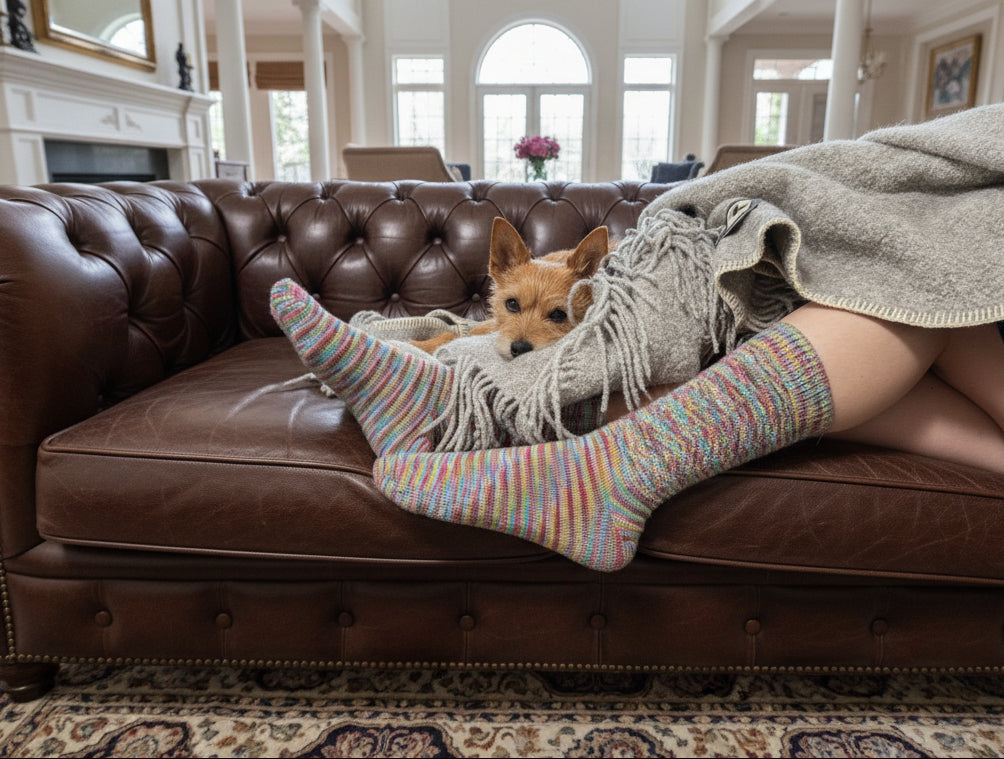 A small tan dog rests on a dark leather couch beside a person&