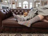 A small tan dog rests on a dark leather couch beside a person&