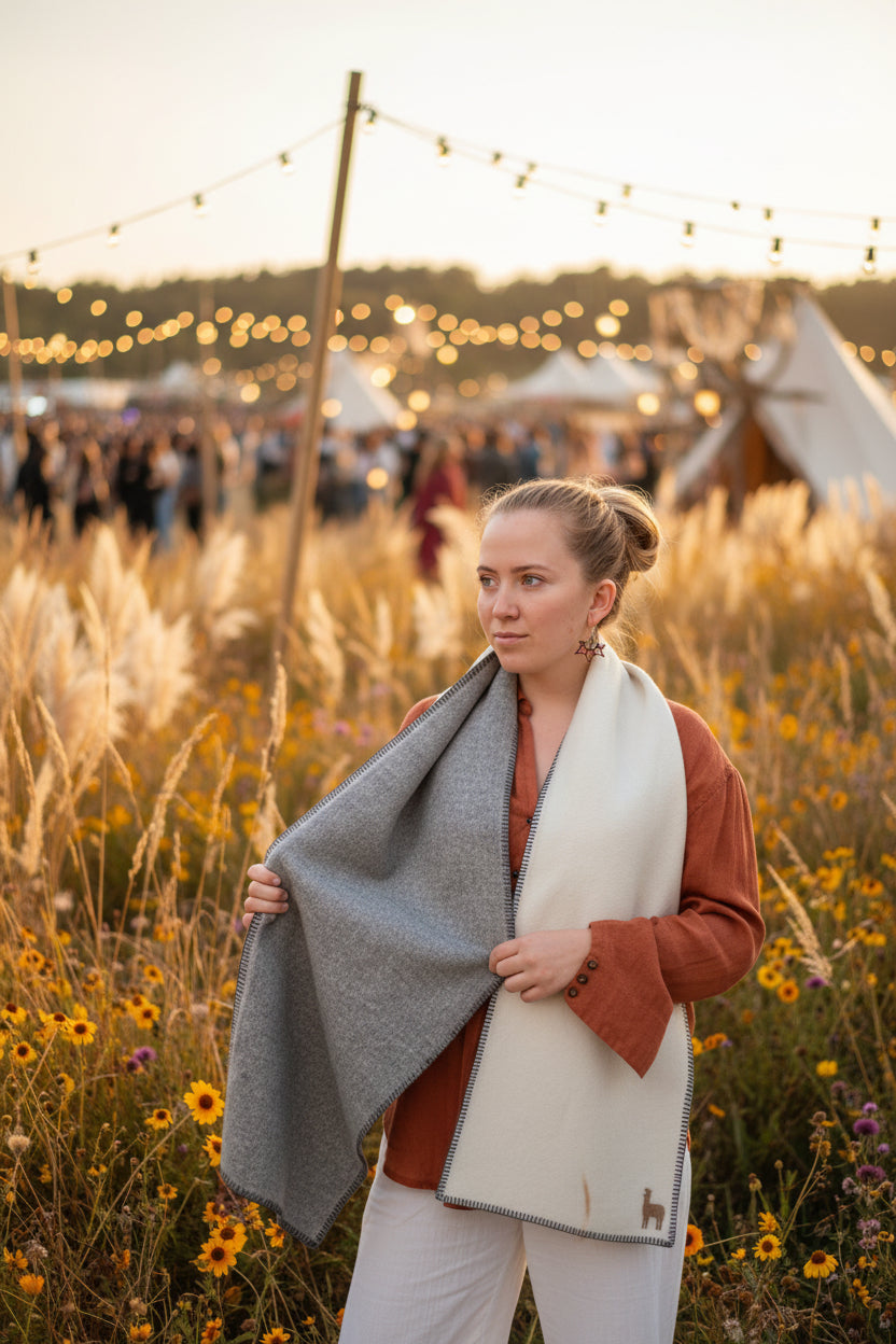 A woman modeling a dual-sided wool scarf with a gray heathered exterior and a cream-colored interior, draped over her shoulders in front of a festiva;